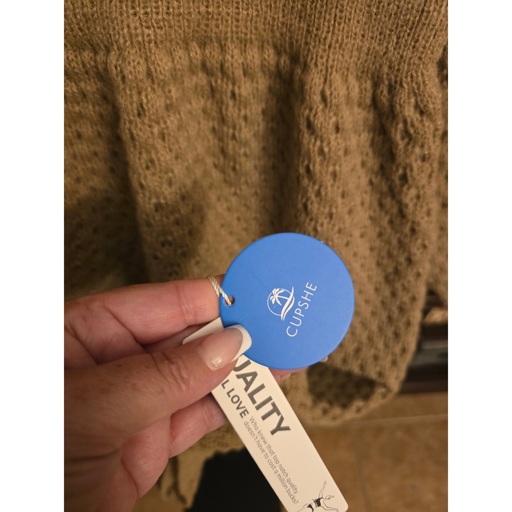 Cupshe Brown Pointelle Knit Sweater Dress Long Sleeve Cinched Waist Mini Small - Picture 3 of 5